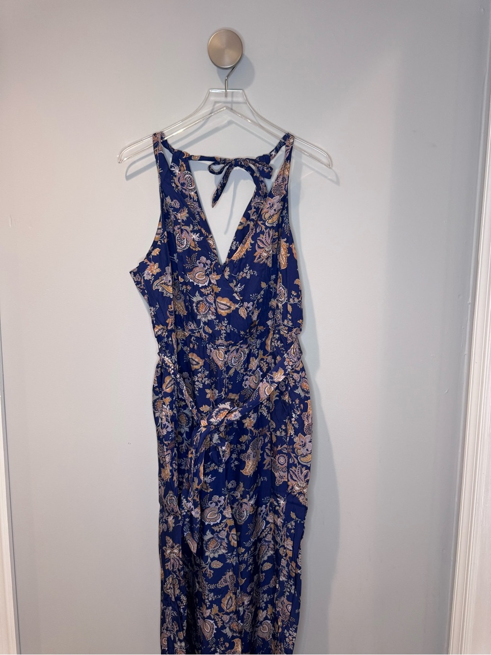 Anthropologie Sleeveless Navy Floral Faux Wrap Jumpsuit